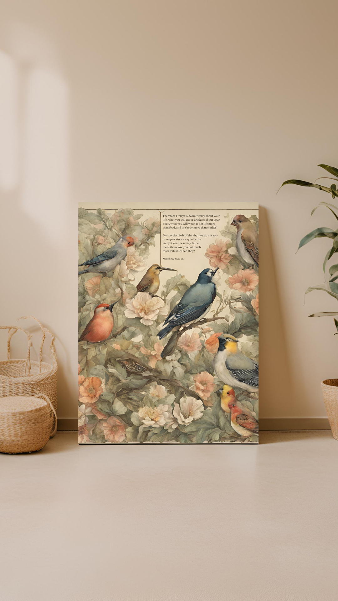 Watercolor artwork illustrating Matthew 6:25-26, featuring vibrant birds and flowers. The scene exudes a sense of peace and natural beauty, with colorful birds perched among blooming flowers, symbolizing the verse&