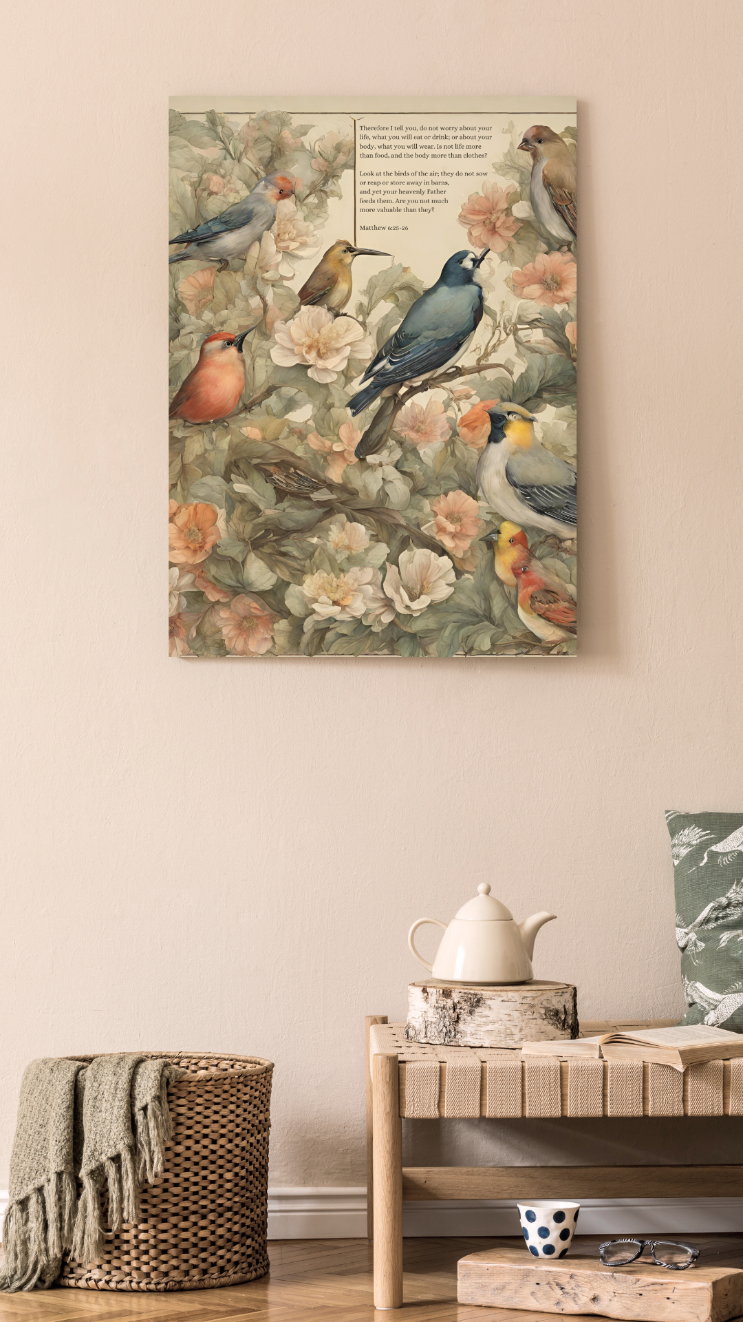 Watercolor artwork illustrating Matthew 6:25-26, featuring vibrant birds and flowers. The scene exudes a sense of peace and natural beauty, with colorful birds perched among blooming flowers, symbolizing the verse&