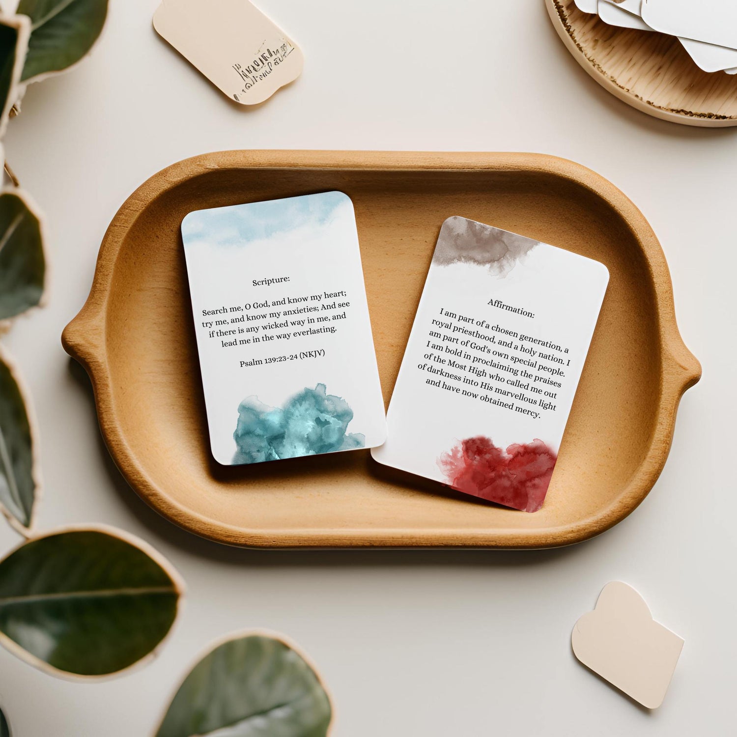 Small, elegant affirmation cards with watercolour and minimalist designs, inspired by Bible verses for encouragement and reflection.