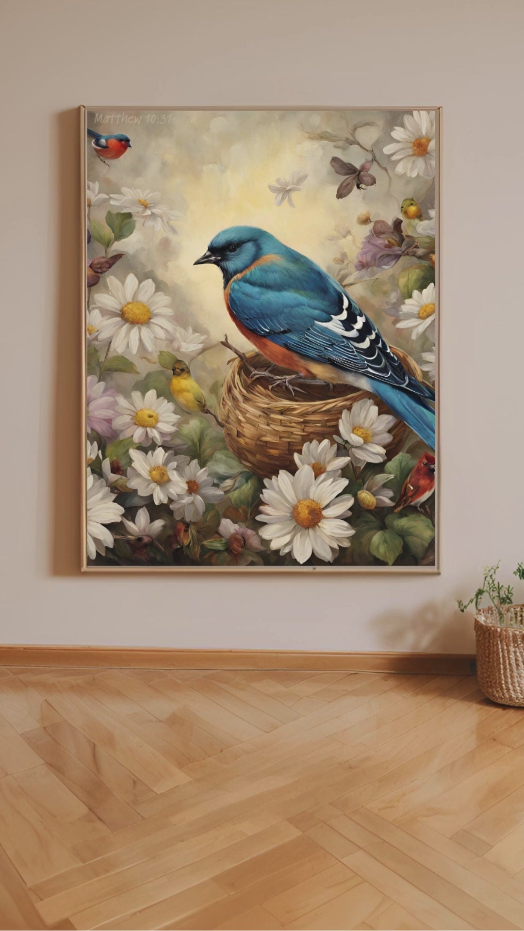 Watercolour artwork illustrating Matthew 10:31, featuring vibrant birds and flowers. The scene exudes a sense of peace and natural beauty, with colourful birds perched among blooming flowers, symbolising the verse&