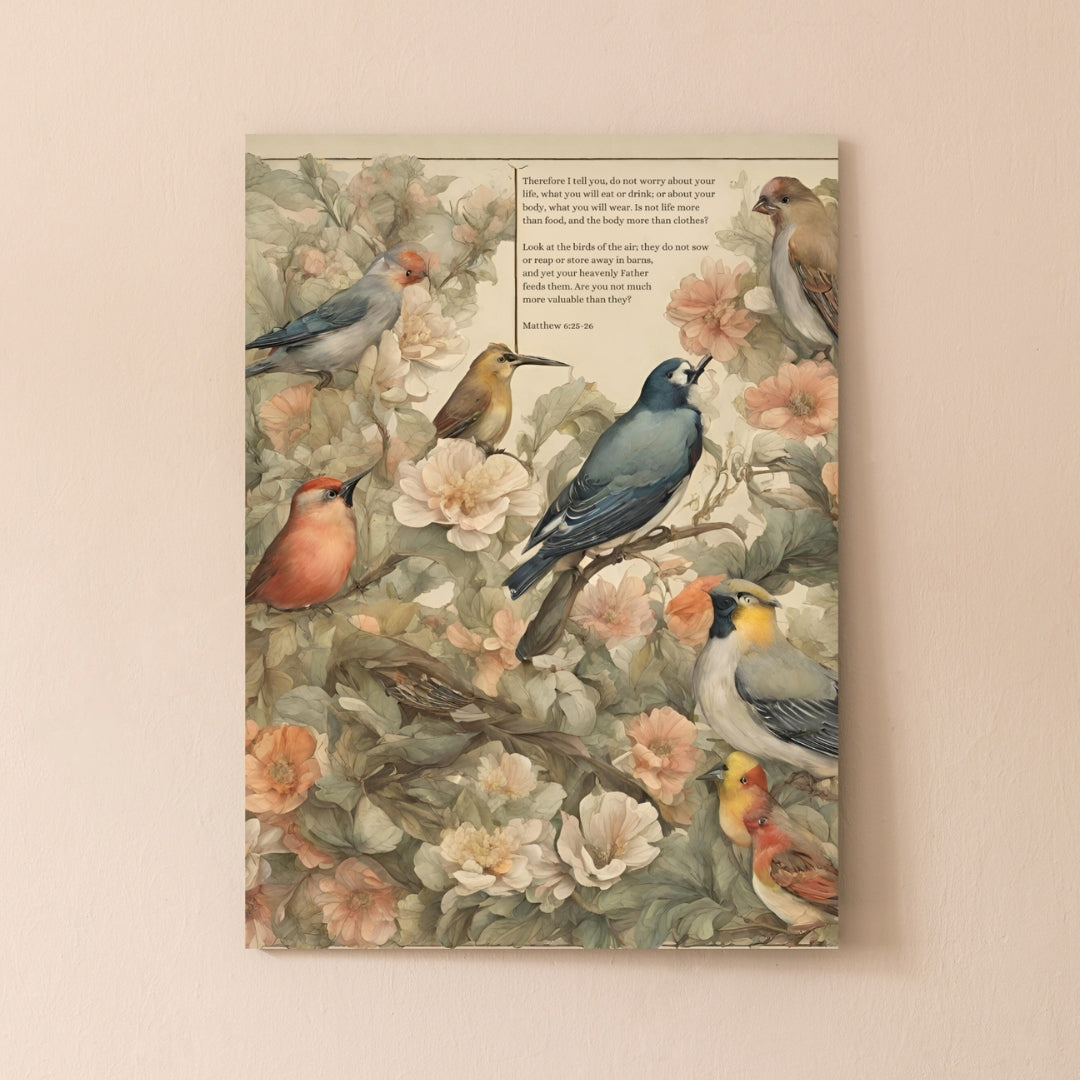 Watercolor artwork illustrating Matthew 6:25-26, featuring vibrant birds and flowers. The scene exudes a sense of peace and natural beauty, with colorful birds perched among blooming flowers, symbolizing the verse&